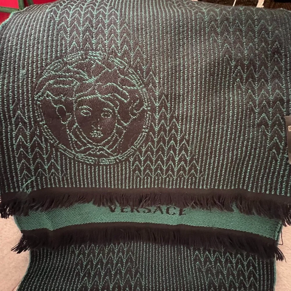 Versace Green Black Medusa Scarf Fringe Men's Women's